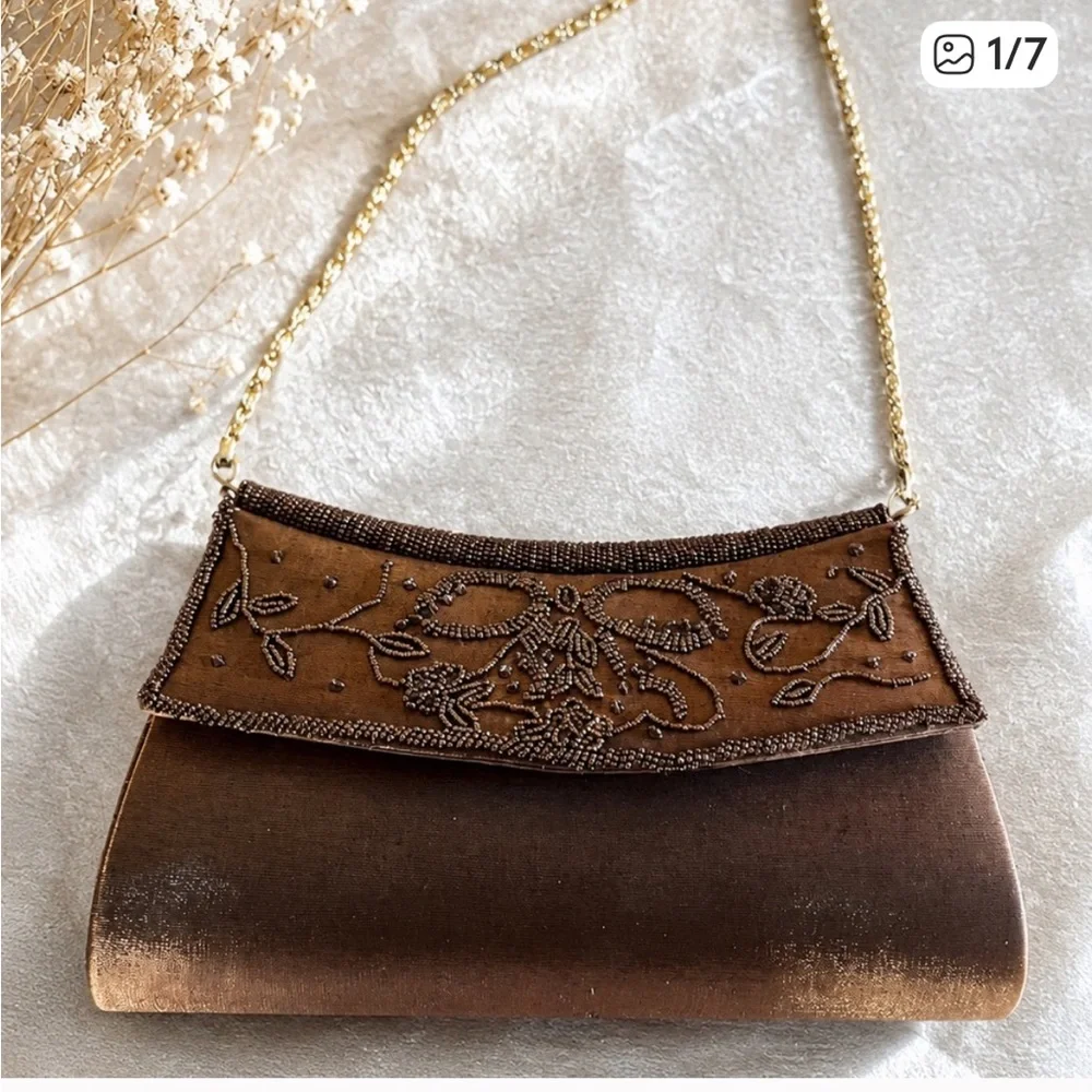 Nina Brown Velvet Beaded Flap Clutch with Gold Chain